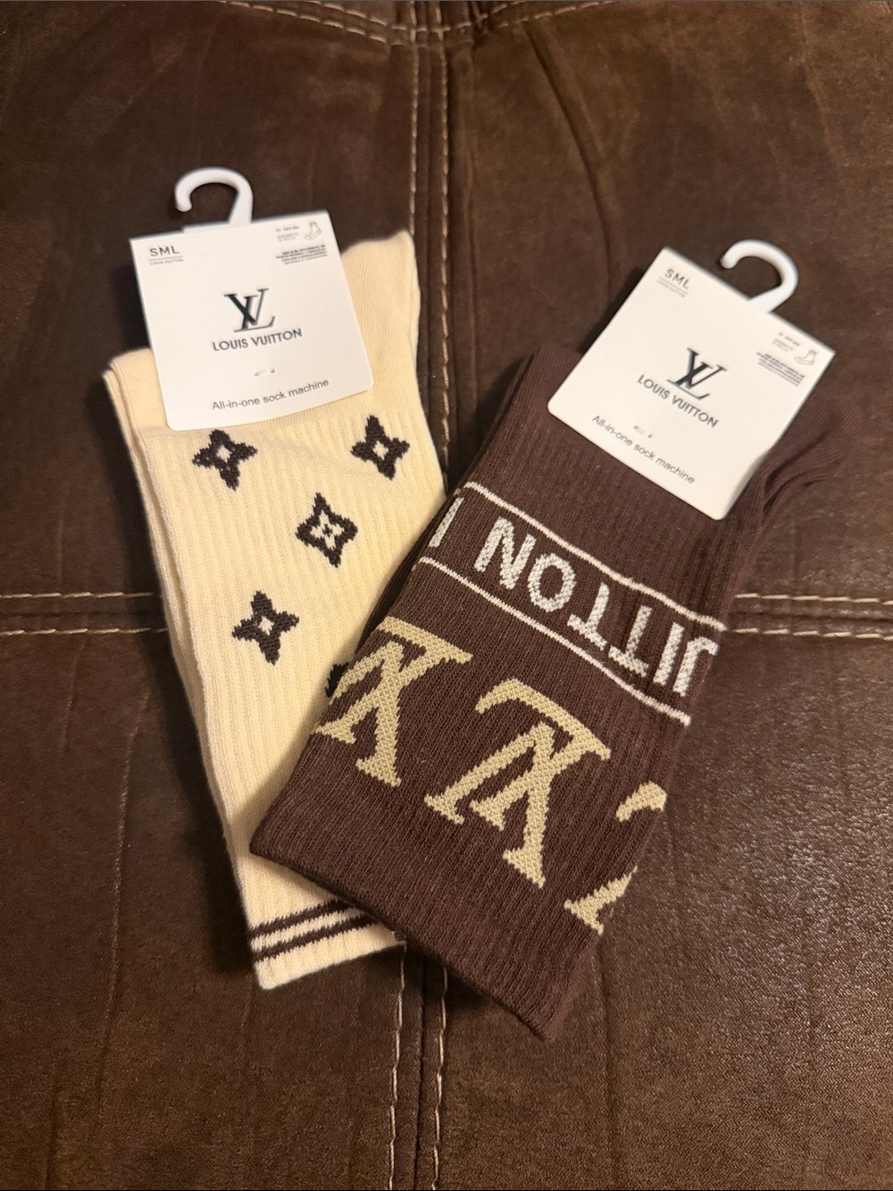 Crew Socks in Cream and Brown Monogram Set
